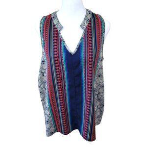 Renee C Blouse Vibrant Geometric Print Multicolor Sleeveless V-Neck Top Size L